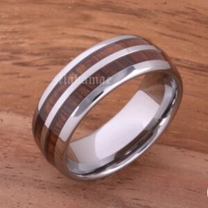 Stainless Steel with Hawaiian Koa Wood Wedding Ring Comfort Fit 8mm (Oval Style)